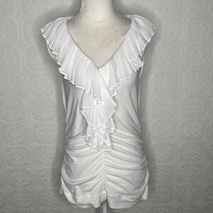 CAbi | White Ruched Knife Pleat V Neck Stretch Tank Top